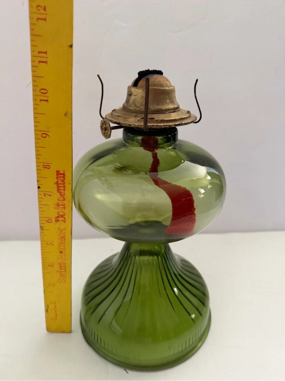 Vintage Olive Green Glass Oil Lamp 10”
